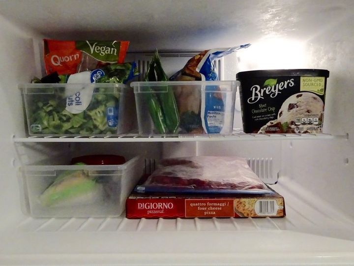 clever kitchen storage tips, Bins in the freezer