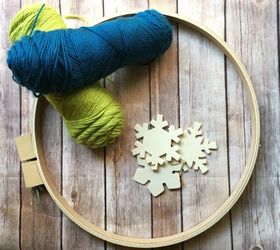 winter snowflake embroidery hoop wreath with pom poms