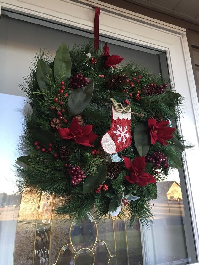 basic evergreen wreath turned into fab front door christmas wreath