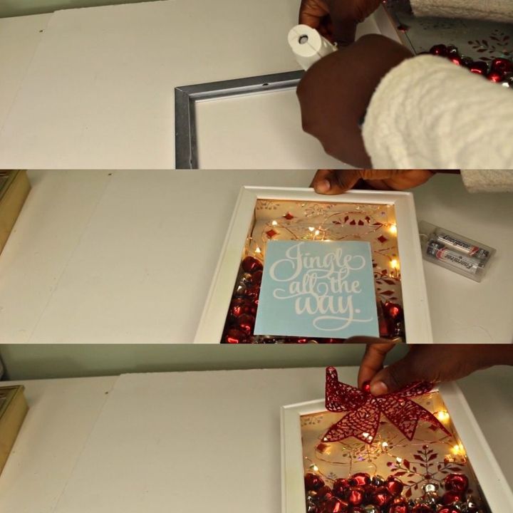 jingle bell shadow box using a picture frame and wall art