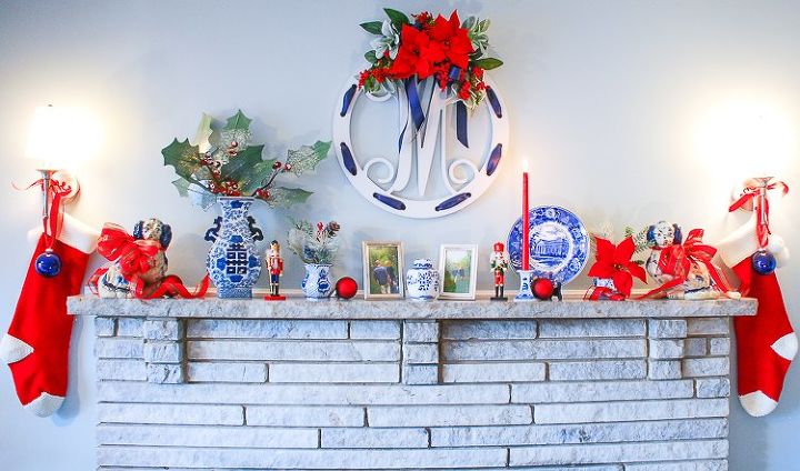 blue white mantel decor fall to christmas
