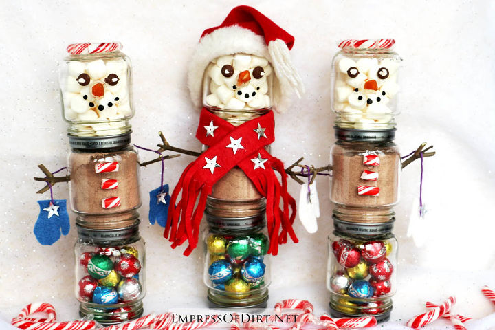 s 30 different ways to diy an adorable snowman this winter, Stack jars for a hot chocolate snowman gift