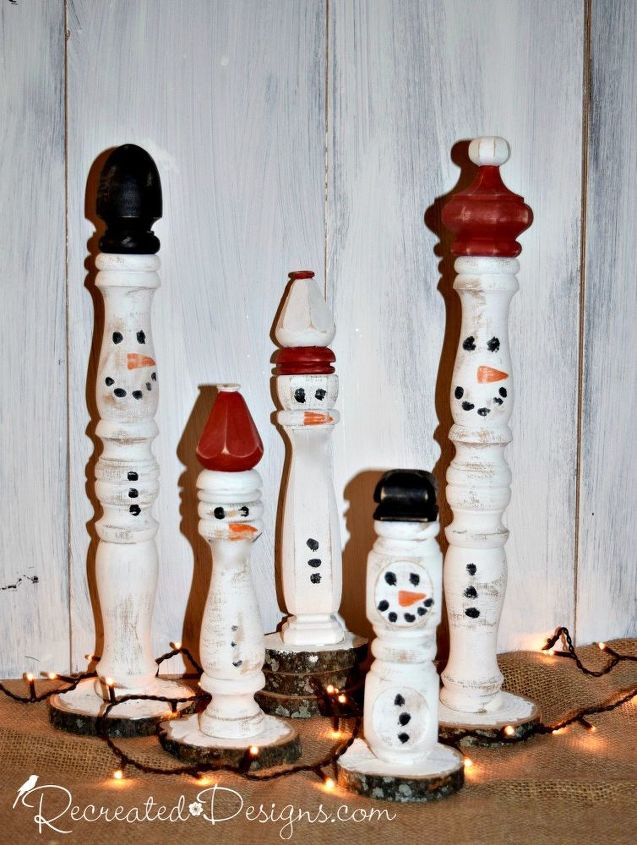 s 30 different ways to diy an adorable snowman this winter, Turn vintage spindles into a snowman family