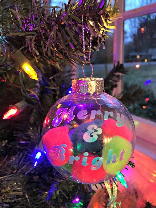 pom pom ornament with holographic vinyl