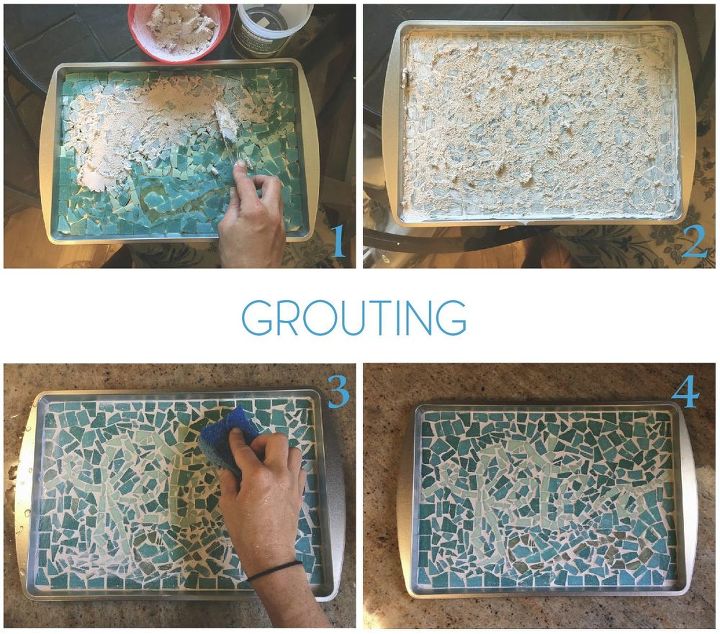 s 3 great projects to flip your cookie sheet pans, Step 5 Grout with a butter knife and let dry