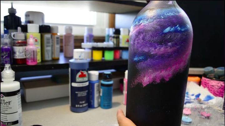 diy galaxy glam wine bottle upcycle