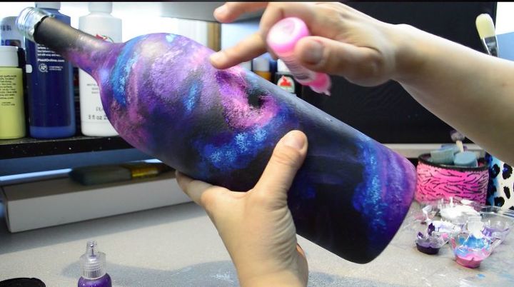 diy galaxy glam wine bottle upcycle