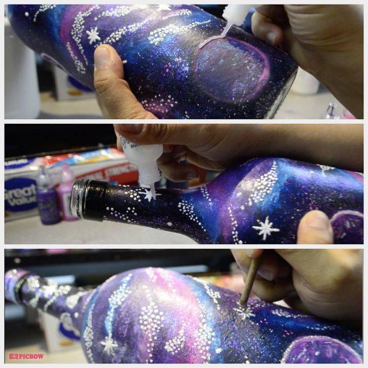 diy galaxy glam wine bottle upcycle