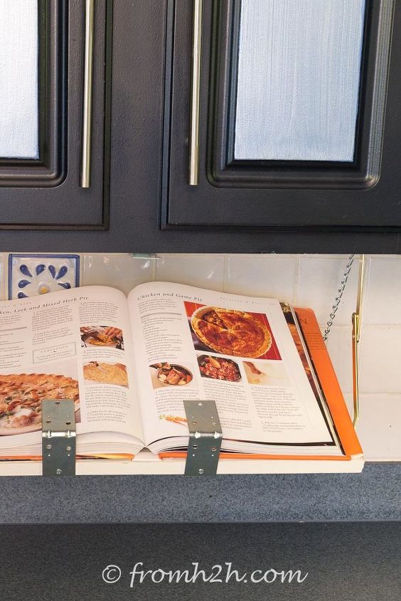 keep your clutter off the countertops with these clever ideas, Hang a shelf to hold your cookbook
