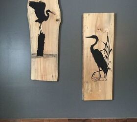 heron silhouettes on live edge birch for the master bathroom