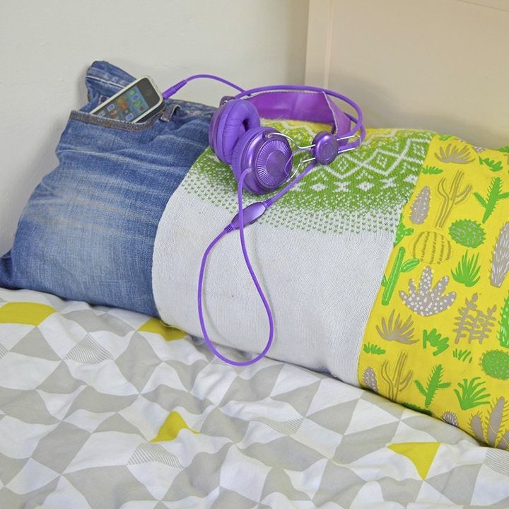 30 ways to use old jeans for brilliant craft ideas, Make A Scrappy Pillow From Old Clothing