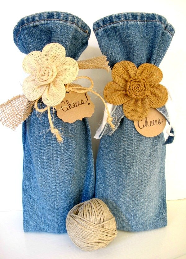 30 ways to use old jeans for brilliant craft ideas, Use Jeans To Gift Bottles Of Wine