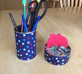 s easy diy ideas to add some fun to your office space, Fabric tin can organizers