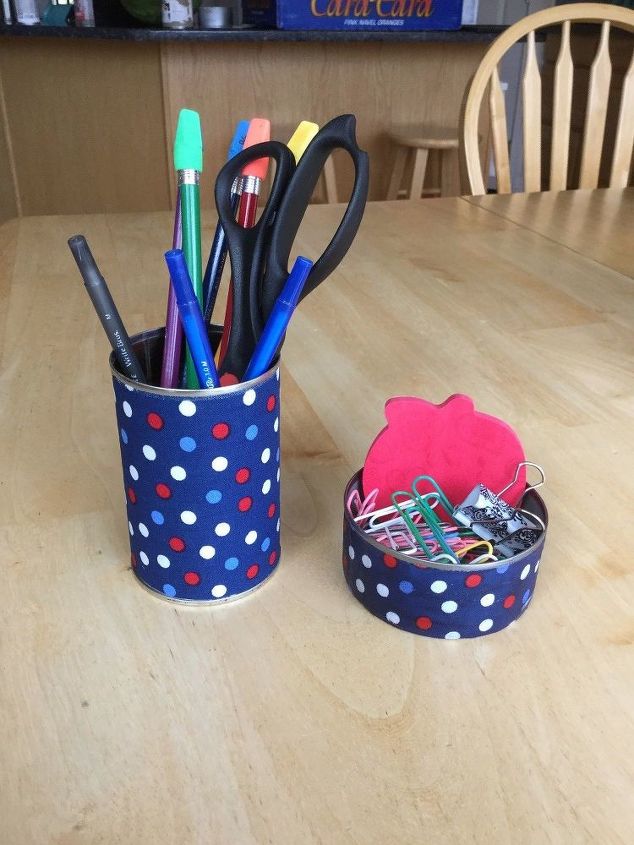 s easy diy ideas to add some fun to your office space, Fabric tin can organizers