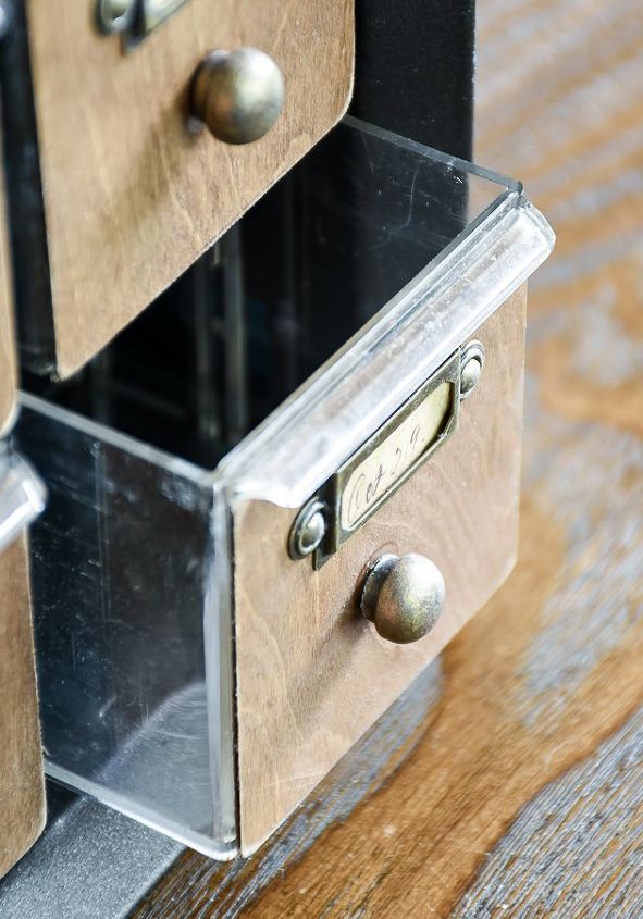 how to turn metal hardware storage into a faux card catalog