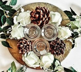 diy home decor candle holder tray plaster roses and pinecones, DO A BRIEF COMPOSITION FIRST TO CHECK BALANCE