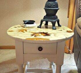 side table makeover with a fabric covered top and epoxy finish