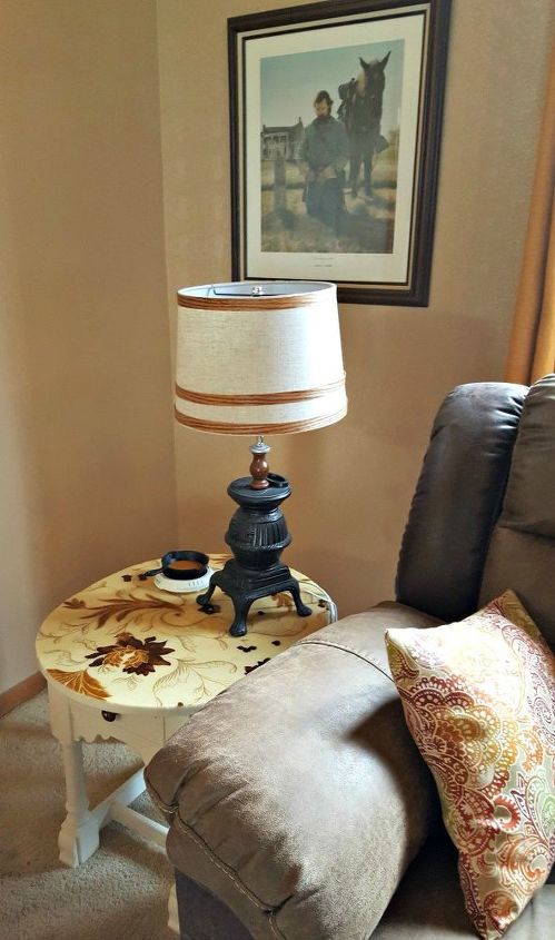 side table makeover with a fabric covered top and epoxy finish