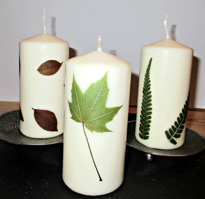 using pressed leaves to decorate candles