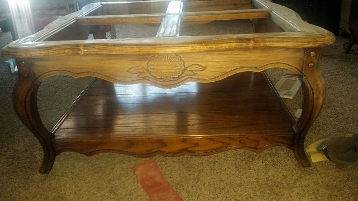 outdated coffee table to rustic farmhouse beauty, Before during sanding