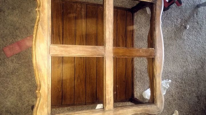 outdated coffee table to rustic farmhouse beauty, During sanding pardon the mess