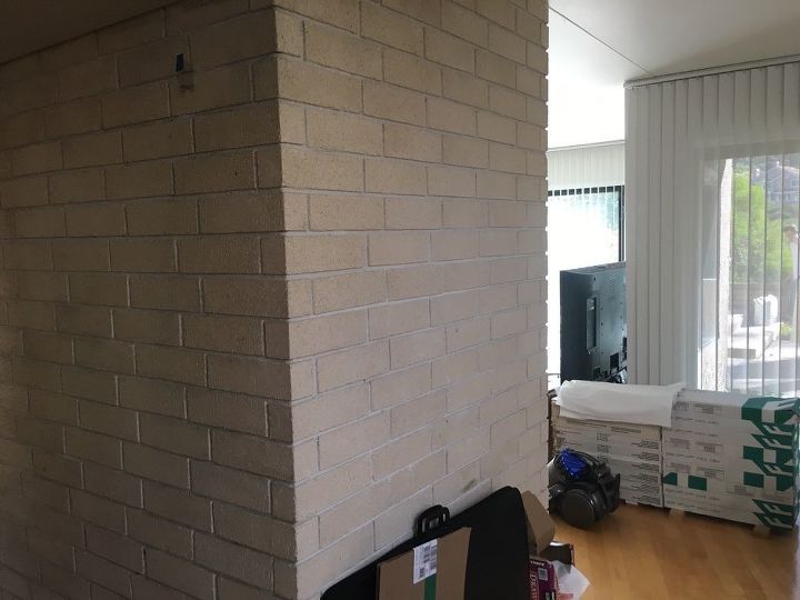 q brick fireplace and wall makeover