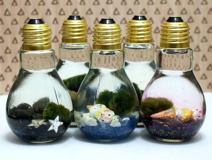 15 maneras inteligentes de reutilizar las bombillas viejas, Acuarios de bolas de musgo Marimo