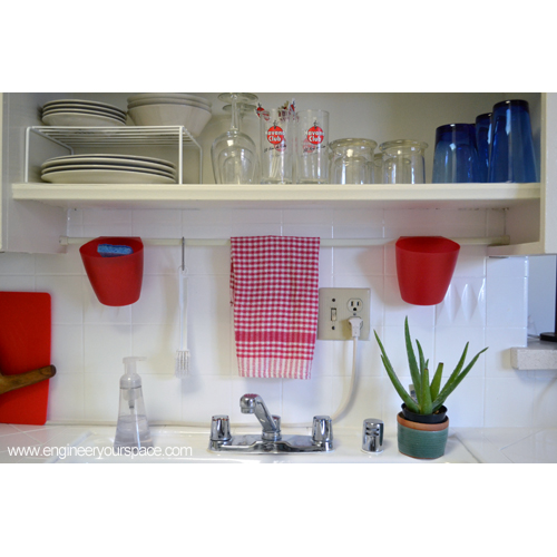 Small Kitchen Ideas Tension Rod Above The Sinks And Open Shelving Her Brilliant Idea Using A Dollar Tension Rod Kitchen Design Organizing Shelving