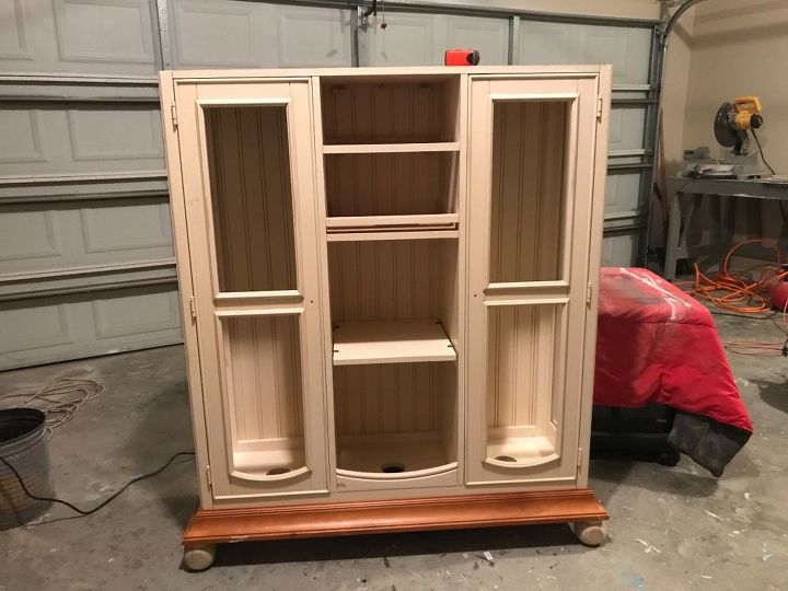 repurposed tv hutch top now a gorgeous farmhouse style cabinet, Turned Upside Down