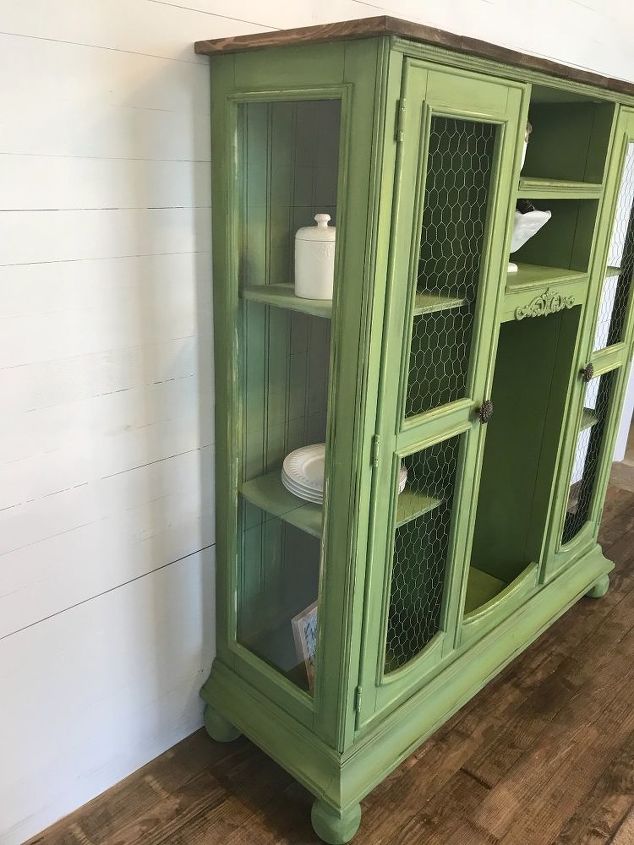 repurposed tv hutch top now a gorgeous farmhouse style cabinet, Added shelves