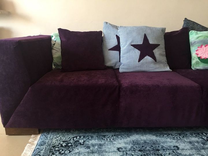 old gross couch gets a royal purple makeover