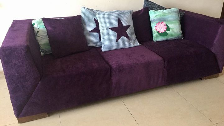 old gross couch gets a royal purple makeover