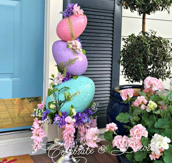 Easter porch decorations featuring bunny wreaths, spring outdoor decor, and vibrant Easter yard decorations for a festive entrance.