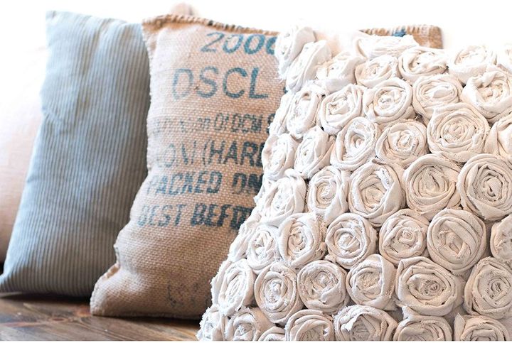 a beautiful rose pillow made from an inexpensive drop cloth