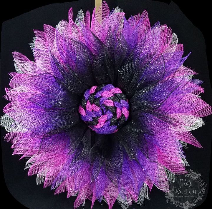 deco mesh single petal flower wreath tutorial, Black Purple Pink and White