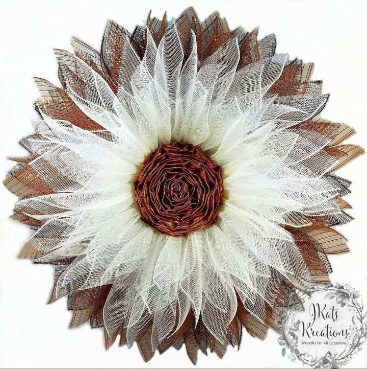 how to make a ribbon rose center for a deco mesh flower wreath, Copper ribbon used in my brown white flower