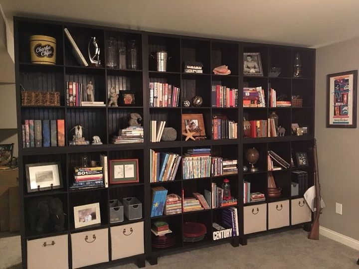 a wall of shelves using store bought shelf organizers