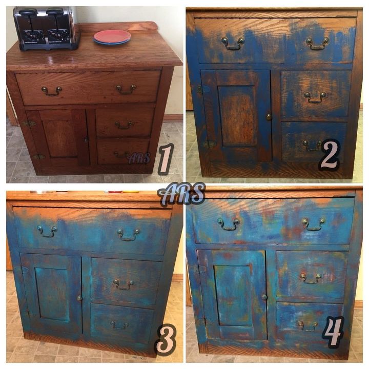 shades of blue unicorn spit cabinet makeover, 1 Before 2 With blue 3 With teal 4 Final
