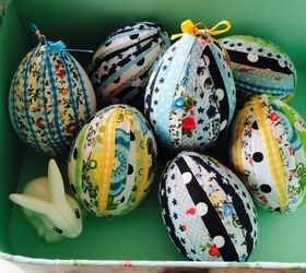 s quick easter egg ideas that are just too cute, Stick fabric strips all over each egg