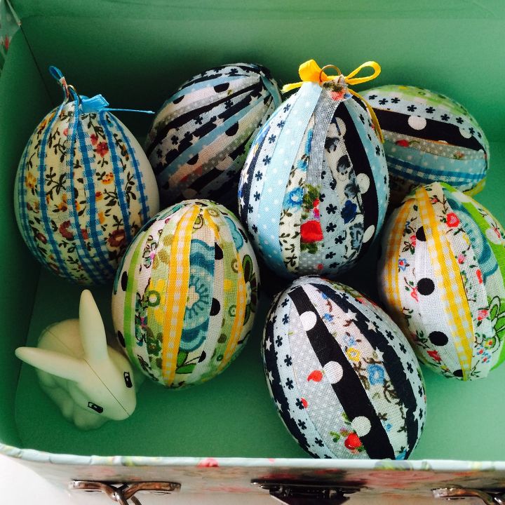 s quick easter egg ideas that are just too cute, Stick fabric strips all over each egg