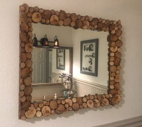 thrift store wood slice mirror makeover, Finished project