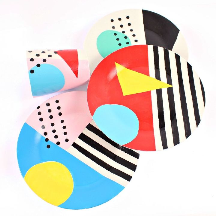 s update your plain dishes with these adorable ideas, 80s Memphis Inspired Dishes