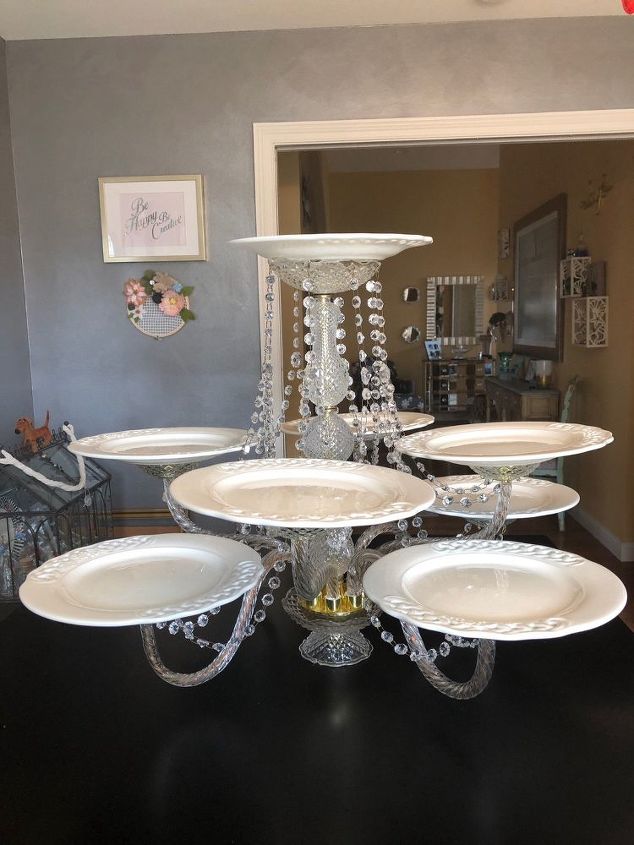 repurpose a chandelier into a serving piece, Plates added