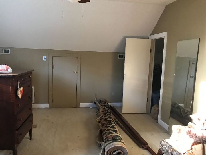 floors from plywood to hardwood look, Bedroom before Old carpet and paint