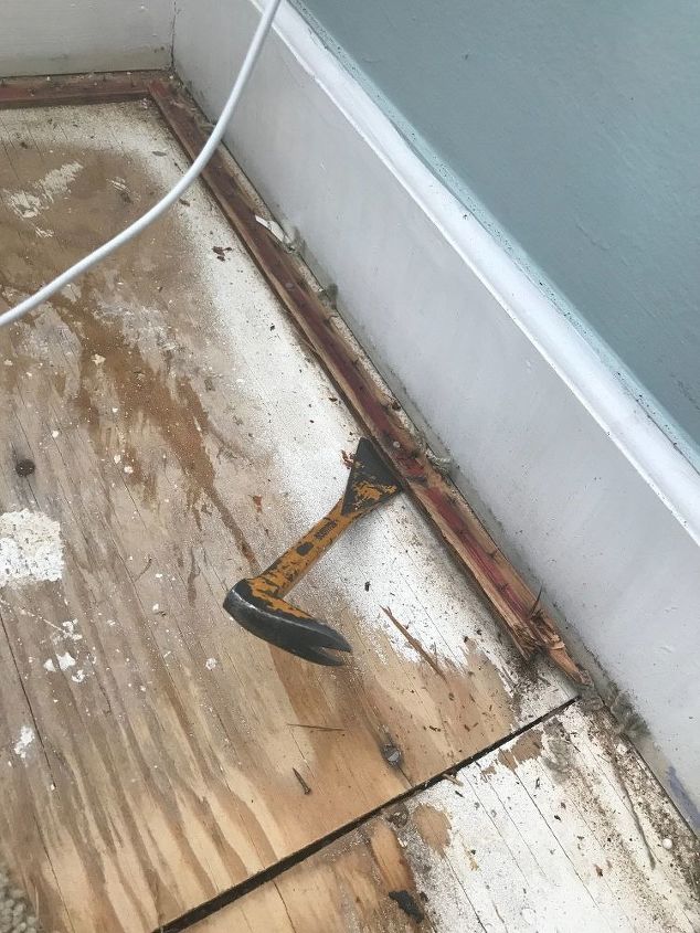 floors from plywood to hardwood look, Remove old carpet and pad