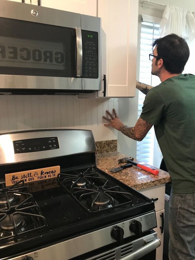installing beadboard as backsplash and kitchen makeover for 100