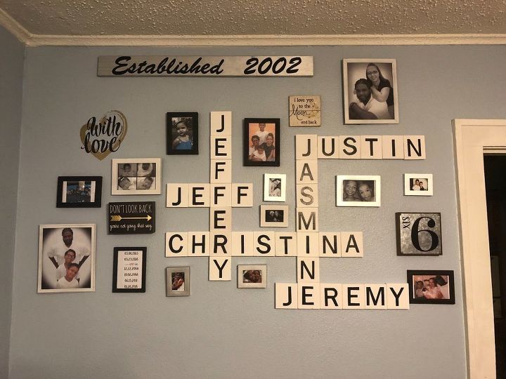 diy scrabble tile inspired collage wall