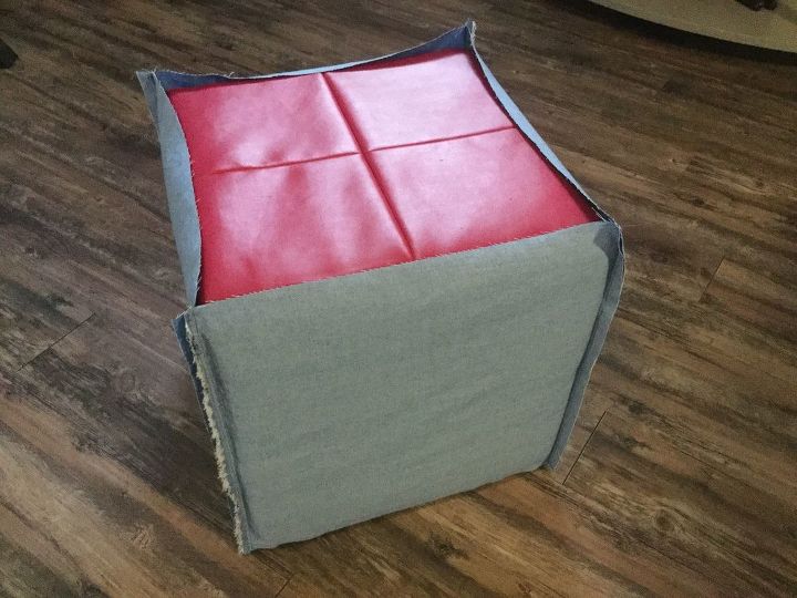 crazy denim lady turns giant foam cube into side table