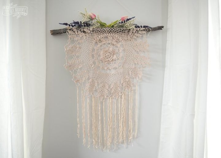 make a boho wall hanging from a thrifted doily