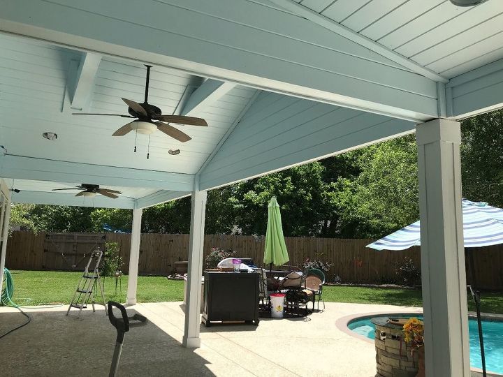 chalk painting backyard patio ceiling and back of the house